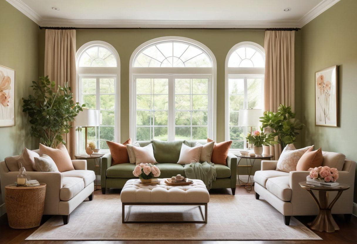 A serene and stylish living space featuring elegant decor ideas, including cozy seating with plush cushions, soft ambient lighting, and delicate floral arrangements. Incorporate a blend of modern and vintage furniture elements, accentuated by tasteful wall art and tasteful color palettes. Showcase a tranquil retreat vibe with plenty of greenery and a large window allowing natural light to flow in. super-realistic. vibrant colors. cozy atmosphere.