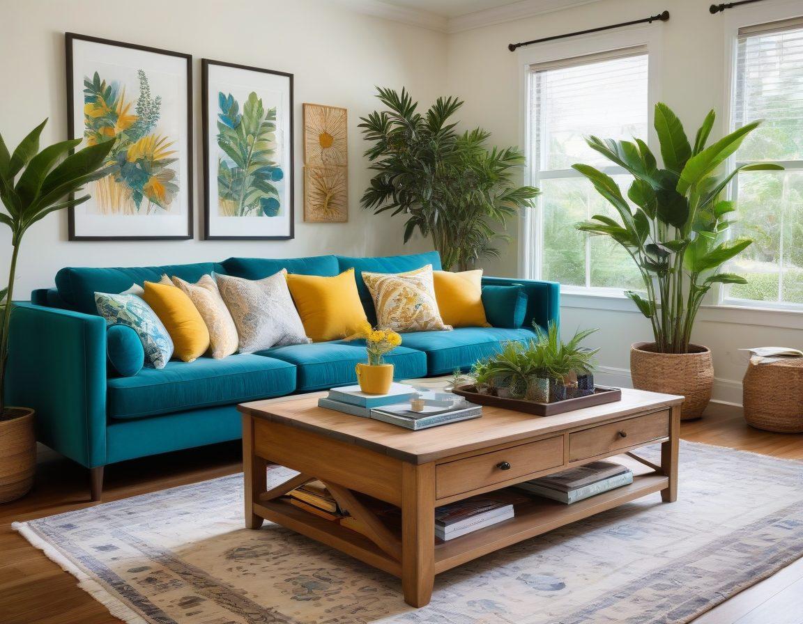 A cozy, stylish retreat featuring a modern living space with comfortable furniture, vibrant throw pillows, and warm lighting. Include elements like indoor plants, a chic coffee table, and framed art on the walls. The atmosphere should evoke relaxation and creativity, highlighting a perfect spot for hanging out with friends. super-realistic. vibrant colors. cozy ambiance.