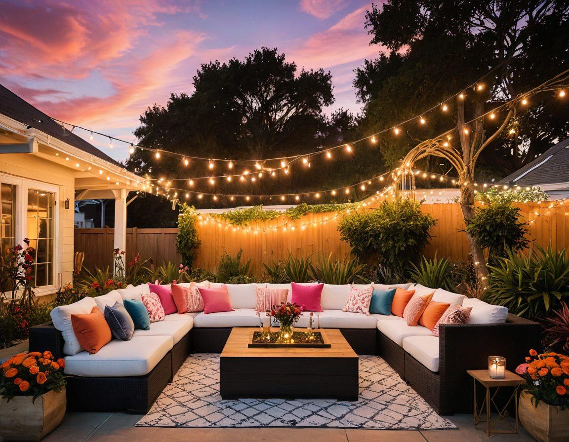 An inviting outdoor setting of Jim's Venue, featuring fashionable lounge furniture, colorful string lights, and vibrant flower arrangements creating a warm atmosphere. Include diverse groups of people engaging joyfully, with a background of a sunset. The scene should evoke a sense of community and festivity. super-realistic. vibrant colors. warm lighting.